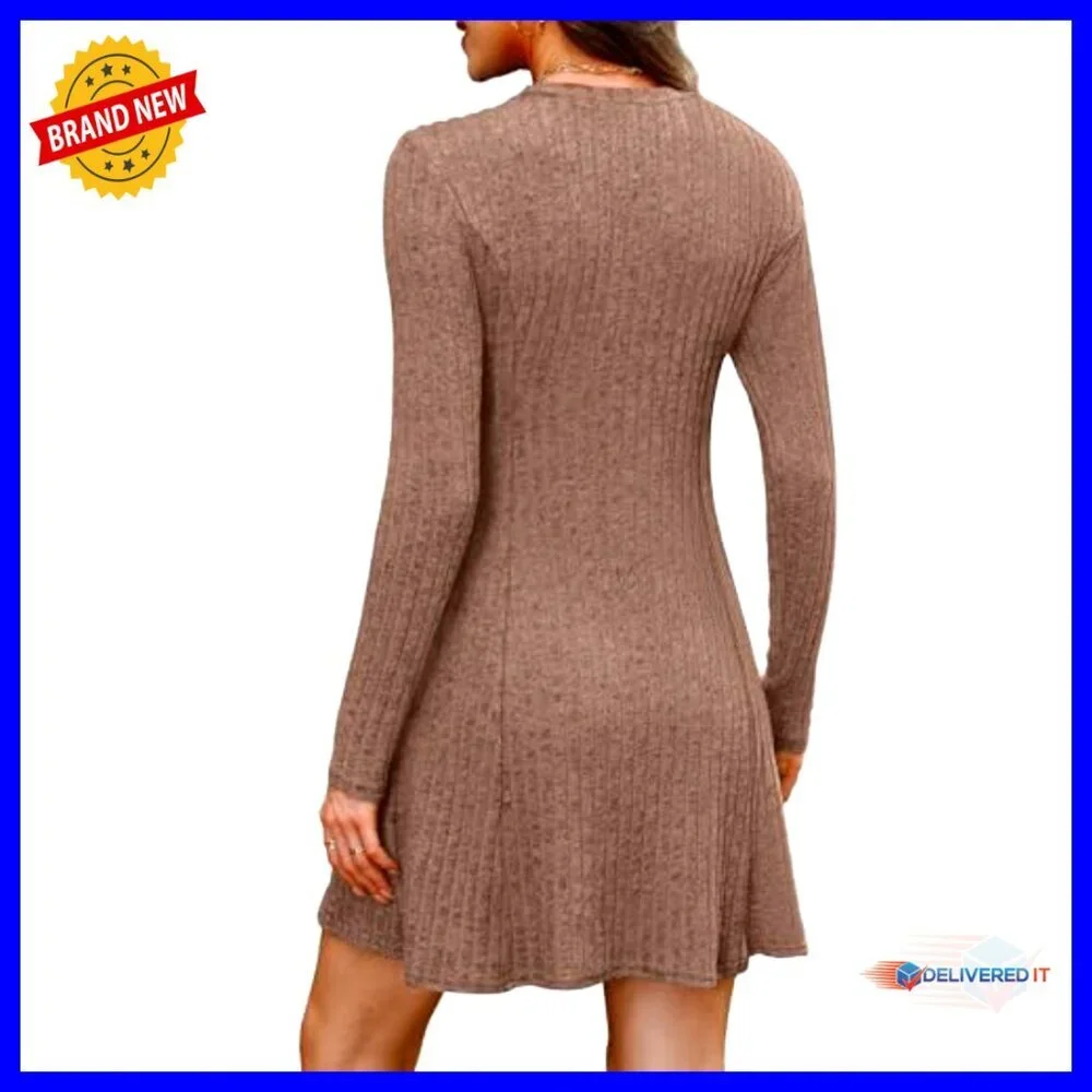 Long Sleeve Crew Neck Sweater Dress Ribbed Knit Bodycon Knee Length